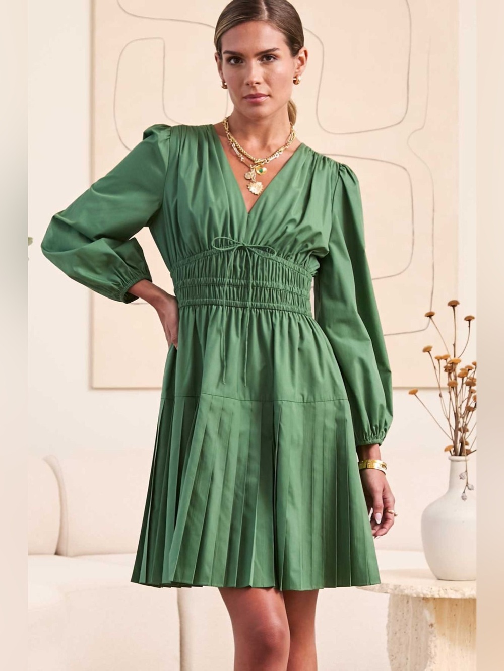 Green V-Neck Long Sleeve Smocked Waist Dress